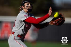 Nebraska Cornhusker Jordyn Bahl (98) makes a catch for an out against Minnesota Golden Gophers during a college softball game Friday, March 21, 2025 in Lincoln, Nebraska. Photo by John S. Peterson.