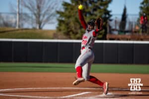 Nebraska Cornhusker Jordyn Bahl (98) throws a pitch against the Minnesota Golden Gophers in the first inning during a college softball game Friday, March 21, 2025 in Lincoln, Nebraska. Photo by John S. Peterson.