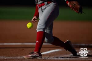 Nebraska Cornhusker Jordyn Bahl (98) throws a pitch against the Minnesota Golden Gophers in the first inning during a college softball game Friday, March 21, 2025 in Lincoln, Nebraska. Photo by John S. Peterson.
