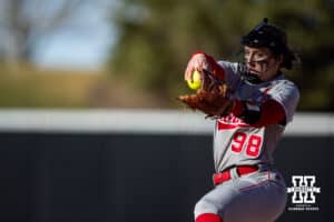Nebraska Cornhusker Jordyn Bahl (98) throws a pitch against the Minnesota Golden Gophers during a college softball game Friday, March 21, 2025 in Lincoln, Nebraska. Photo by John S. Peterson.