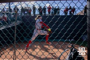 Nebraska Cornhusker starting pitcher Jordyn Bahl (98) warming up against the Minnesota Golden Gophers during a college softball game Friday, March 21, 2025 in Lincoln, Nebraska. Photo by John S. Peterson.