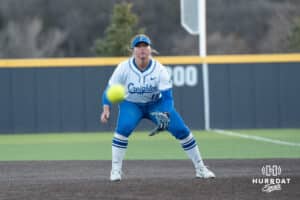 Creighton Bluejays Sydney Potter waits for the ball during a college softball game against Seattle on March 21st, 2025 in Council Bluffs, Iowa. Photo by Brandon Tiedemann.