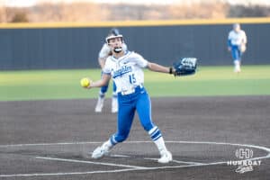 Creighton Bluejays Brooklyn Patchen pitches during a college softball game against Seattle on March 21st, 2025 in Council Bluffs, Iowa. Photo by Brandon Tiedemann.