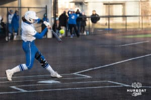 Creighton Bluejays Kaelan Schultz hits the ball during a college softball game against Seattle on March 21st, 2025 in Council Bluffs, Iowa. Photo by Brandon Tiedemann.