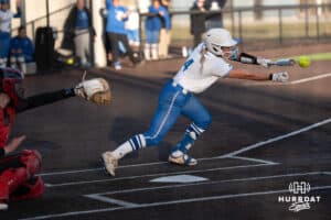 Creighton Bluejays Ashten Pierson bunts during a college softball game against Seattle on March 21st, 2025 in Council Bluffs, Iowa. Photo by Brandon Tiedemann.