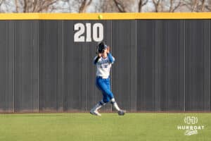 Creighton Bluejays Ella Dalton catches a fly ball during a college softball game against Seattle on March 21st, 2025 in Council Bluffs, Iowa. Photo by Brandon Tiedemann.