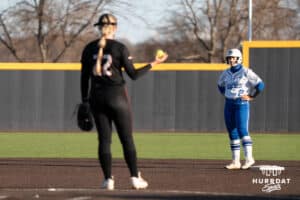 Creighton Bluejays Cydney Fullerton stares during a college softball game against Seattle on March 21st, 2025 in Council Bluffs, Iowa. Photo by Brandon Tiedemann.