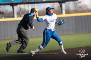 Creighton Bluejays Erika Perez throws the ball during a college softball game against Seattle on March 21st, 2025 in Council Bluffs, Iowa. Photo by Brandon Tiedemann.