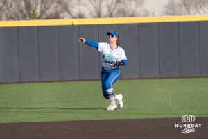 Creighton Bluejays Avery Barnard throws the ball to thrid during a college softball game against Seattle on March 21st, 2025 in Council Bluffs, Iowa. Photo by Brandon Tiedemann.