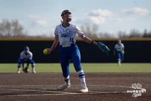 Creighton Bluejays Kenzie Schopfer pitches during a college softball game against Seattle on March 21st, 2025 in Council Bluffs, Iowa. Photo by Brandon Tiedemann.
