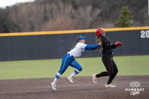 Creighton Bluejays Hannah Poole tags a runner during a college softball game against Seattle on March 21st, 2025 in Council Bluffs, Iowa. Photo by Brandon Tiedemann.
