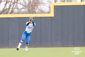 Creighton Bluejays Ella Dalton catches a fly ball during a college softball game against Seattle on March 21st, 2025 in Council Bluffs, Iowa. Photo by Brandon Tiedemann.
