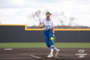 Creighton Bluejays Kenzie Schopfer throws a pitch during a college softball game against Seattle on March 21st, 2025 in Council Bluffs, Iowa. Photo by Brandon Tiedemann.