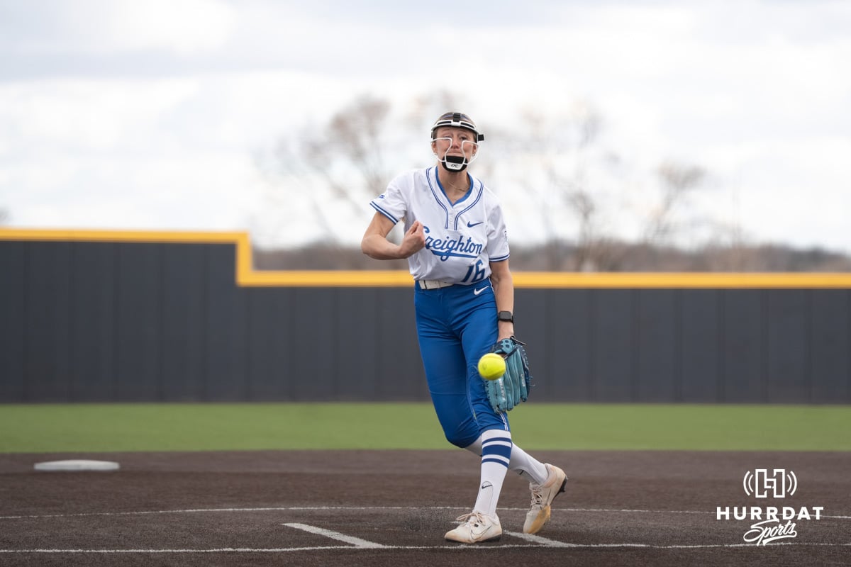 Creighton Bluejays Kenzie Schopfer throws a pitch during a college softball game against Seattle on March 21st, 2025 in Council Bluffs, Iowa. Photo by Brandon Tiedemann.