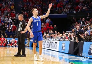 Creighton Bluejay guard Steven Ashworth (1) waves to the fans at the end of the game against the Louisville Cardinas during the first round of the NCAA Men's Basketball Tournament Thursday, March 20, 2025, Lexington, Kentucky. Photo by Jeff Moreland.