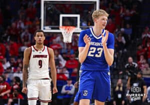 Creighton Bluejay forward Jackson McAndrew (23) claps celebrating the win over Louisville Cardinals during the first round of the NCAA Men's Basketball Tournament Thursday, March 20, 2025, Lexington, Kentucky. Photo by Jeff Moreland.
