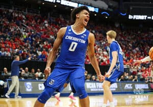 Creighton Bluejay forward Jasen Green (0) celebrates his dunk in the second half against the Louisville Cardinas during the first round of the NCAA Men's Basketball Tournament Thursday, March 20, 2025, Lexington, Kentucky. Photo by Jeff Moreland.