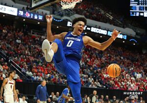 Creighton Bluejay forward Jasen Green (0) duks the ball against the Louisville Cardinas in the second half during the first round of the NCAA Men's Basketball Tournament Thursday, March 20, 2025, Lexington, Kentucky. Photo by Jeff Moreland.