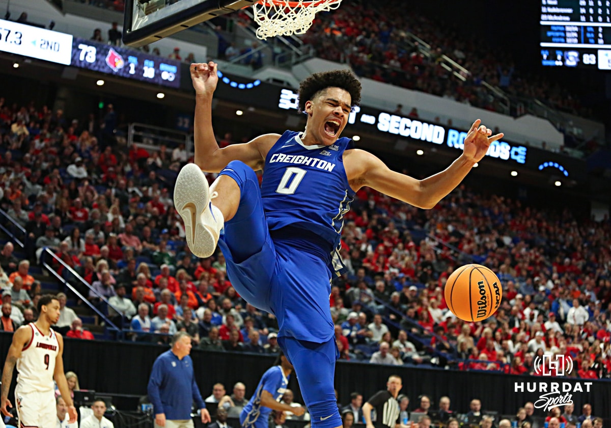 Creighton Bluejay forward Jasen Green (0) duks the ball against the Louisville Cardinas in the second half during the first round of the NCAA Men's Basketball Tournament Thursday, March 20, 2025, Lexington, Kentucky. Photo by Jeff Moreland.