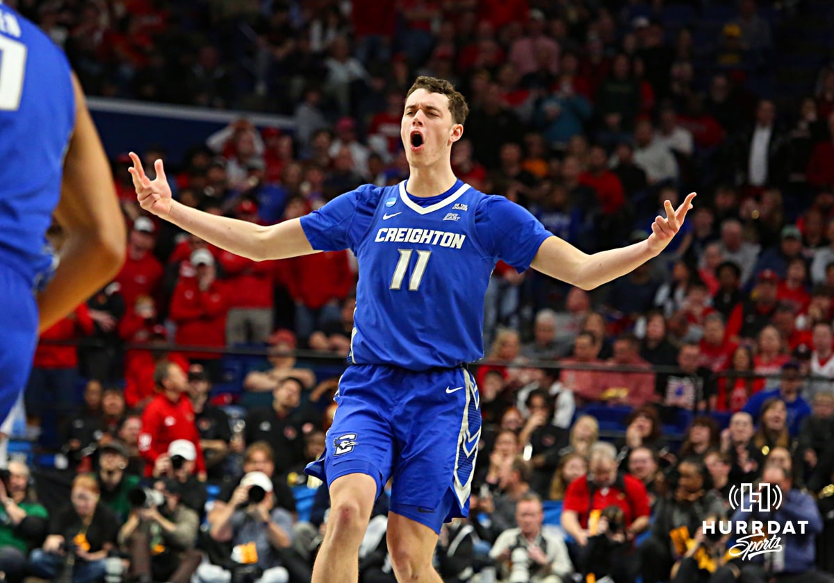 Creighton Bluejay center Ryan Kalkbrenner (11) celebrates a basket against the Louisville Cardinas in the second half during the first round of the NCAA Men's Basketball Tournament Thursday, March 20, 2025, Lexington, Kentucky. Photo by Jeff Moreland.