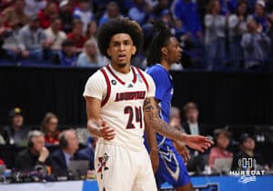 Louisville Cardinal guard Chucky Hepburn (24) reacts to a call in the first half against the Creighton Bluejays during the first round of the NCAA Men's Basketball Tournament Thursday, March 20, 2025, Lexington, Kentucky. Photo by Jeff Moreland.