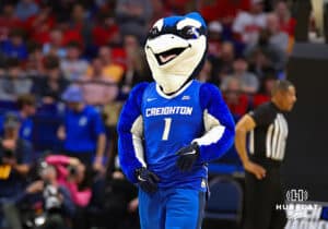 Creighton Bluejays mascot Billie entertains the fans against the Louisville Cardinas during the first round of the NCAA Men's Basketball Tournament Thursday, March 20, 2025, Lexington, Kentucky. Photo by Jeff Moreland.