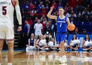 Creighton Bluejay guard Steven Ashworth (1) brings the ball down court against the Louisville Cardinals in the first half during the first round of the NCAA Men's Basketball Tournament Thursday, March 20, 2025, Lexington, Kentucky. Photo by Jeff Moreland.