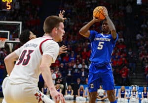 Creighton Bluejay guard Jamiya Neal (5) makes a jumpshot against the Louisville Cardinals in the first half during the first round of the NCAA Men's Basketball Tournament Thursday, March 20, 2025, Lexington, Kentucky. Photo by Jeff Moreland.