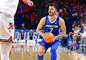 Creighton Bluejay guard Fedor Zugic (7) looks for a pass against the Louisville Cardinals during the first round of the NCAA Men's Basketball Tournament Thursday, March 20, 2025, Lexington, Kentucky. Photo by Jeff Moreland.