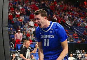 Creighton Bluejay center Ryan Kalkbrenner (11) celebrates a basket against the Louisville Cardinas in the first half during the first round of the NCAA Men's Basketball Tournament Thursday, March 20, 2025, Lexington, Kentucky. Photo by Jeff Moreland.