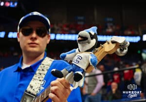 Creighton Bluejays band member performs befroe the game against the Louisville Cardinas during the first round of the NCAA Men's Basketball Tournament Thursday, March 20, 2025, Lexington, Kentucky. Photo by Jeff Moreland.