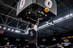 Omaha Maverick guard Ja'Sean Glover (5) takes a jumpshot during open practice before the first round of the NCAA Basketball Tournament on Wednesday, March 19, 2025 in Providence, Rhode Island. Photo by Cassie Baker.