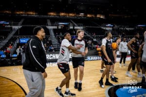 Omaha Mavericks shooting around during open practice before the first round of the NCAA Basketball Tournament on Wednesday, March 19, 2025 in Providence, Rhode Island. Photo by Cassie Baker.