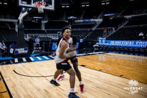 Omaha Mavericks shooting around during open practice before the first round of the NCAA Basketball Tournament on Wednesday, March 19, 2025 in Providence, Rhode Island. Photo by Cassie Baker.