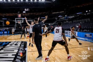 Omaha Mavericks shoting around during open practice before the first round of the NCAA Basketball Tournament on Wednesday, March 19, 2025 in Providence, Rhode Island. Photo by Cassie Baker.