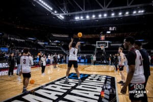 Omaha Maverick guard Sebastian Perry (4) takes a half court shot during open practice before the first round of the NCAA Basketball Tournament on Wednesday, March 19, 2025 in Providence, Rhode Island. Photo by Cassie Baker.