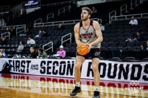 Omaha Maverick forward Joshua Streit (23) shoots a jumpshot during open practice before the first round of the NCAA Basketball Tournament on Wednesday, March 19, 2025 in Providence, Rhode Island. Photo by Cassie Baker.