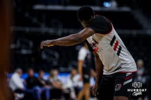 Omaha Maverick forward Valentino Simon (21) wipes the sweat off during open practice before the first round of the NCAA Basketball Tournament on Wednesday, March 19, 2025 in Providence, Rhode Island. Photo by Cassie Baker.