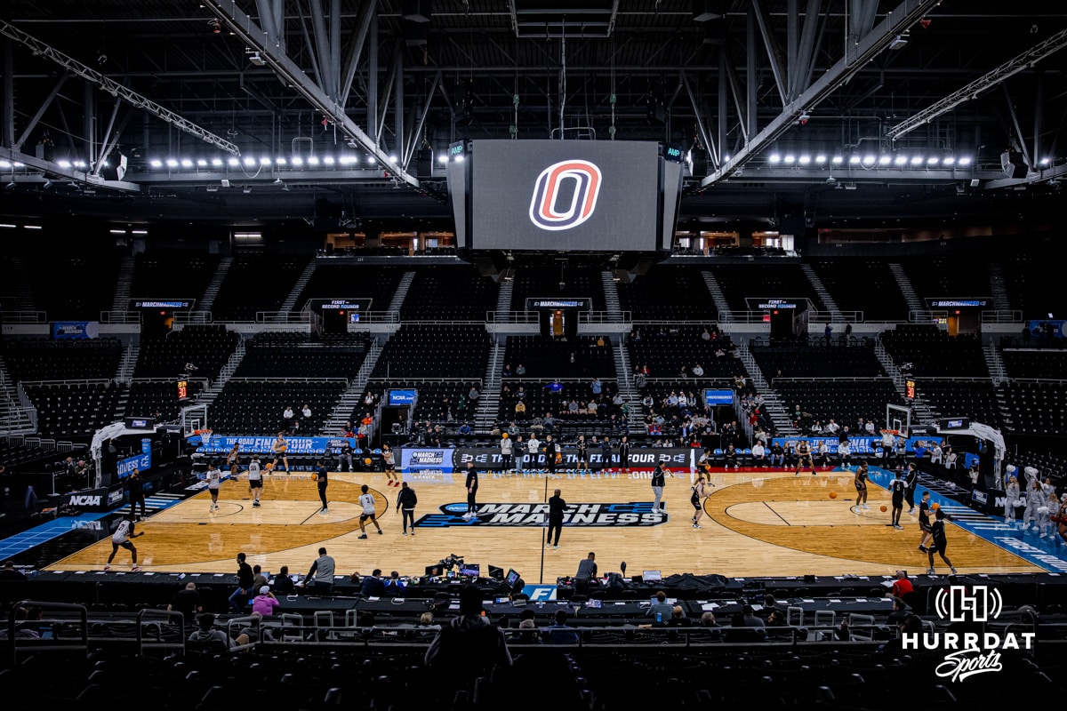 Omaha Men’s Basketball Open Practice NCAA Tournament | 2025-03-19 Omaha Mavericks shooting around during open practice before the first round of the NCAA Basketball Tournament on Wednesday, March 19, 2025 in Providence, Rhode Island. Photo by Cassie Baker.
