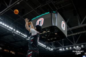 Omaha Maverick forward Marquel Sutton (10) shoots a jumpshot during open practice before the first round of the NCAA Basketball Tournament on Wednesday, March 19, 2025 in Providence, Rhode Island. Photo by Cassie Baker.