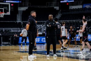 Omaha Maverick head coach Chris Cruchfield and associate coach during open practice before the first round of the NCAA Basketball Tournament on Wednesday, March 19, 2025 in Providence, Rhode Island. Photo by Cassie Baker.