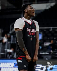 Omaha Maverick guard Ja'Sean Glover (5) shooting baskets during open practice before the first round of the NCAA Basketball Tournament on Wednesday, March 19, 2025 in Providence, Rhode Island. Photo by Cassie Baker.