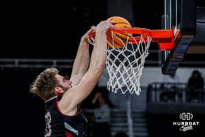 Omaha Maverick forward Joshua Streit (23) dunks the ball during open practice before the first round of the NCAA Basketball Tournament on Wednesday, March 19, 2025 in Providence, Rhode Island. Photo by Cassie Baker.