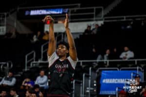Omaha Maverick forward Marquel Sutton (10) makes jumpshot during open practice before the first round of the NCAA Basketball Tournament on Wednesday, March 19, 2025 in Providence, Rhode Island. Photo by Cassie Baker.