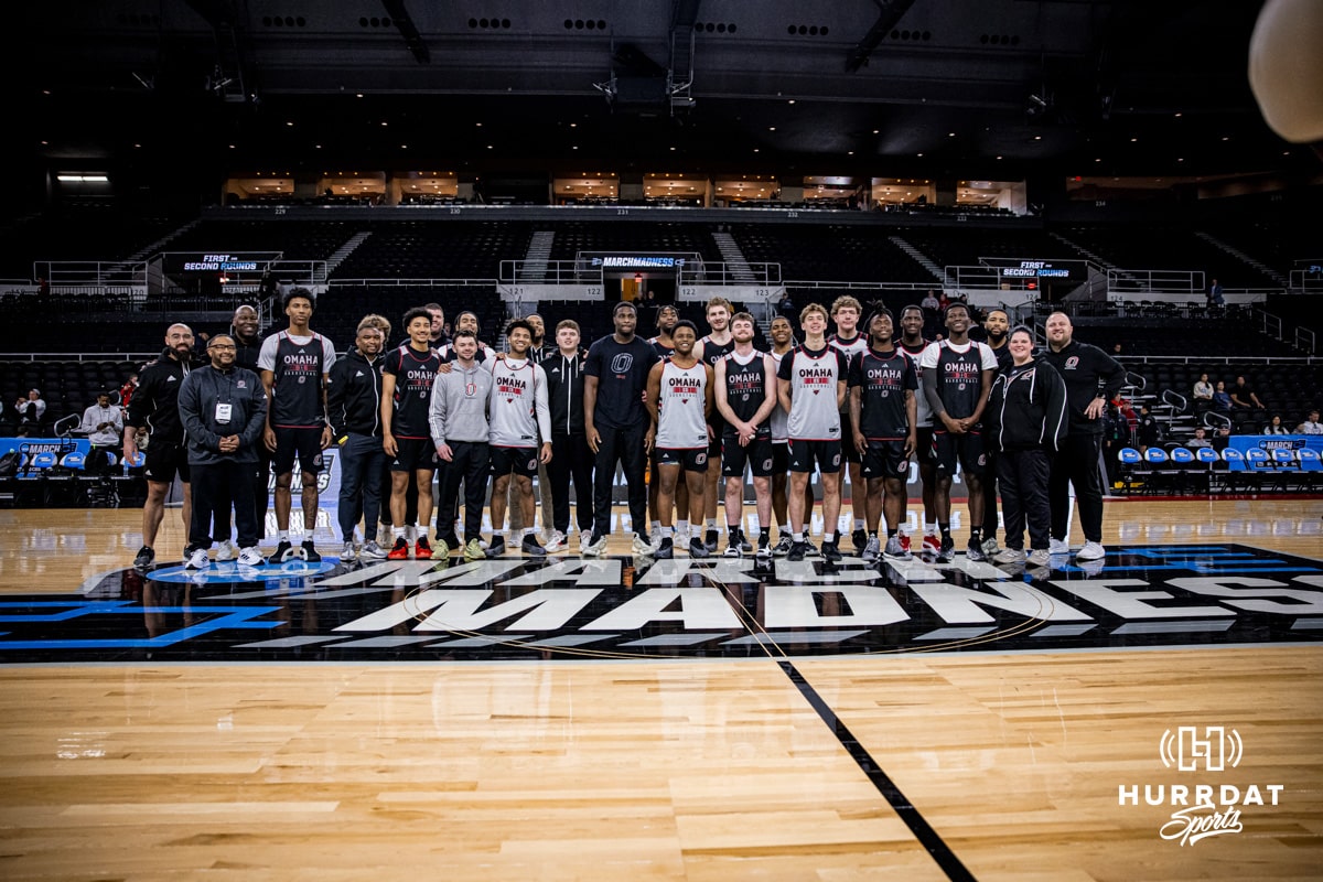 Omaha Mavericks pose for a group photo during open practice before the first round of the NCAA Basketball Tournament on Wednesday, March 19, 2025 in Providence, Rhode Island. Photo by Cassie Baker.