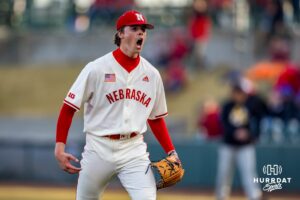 Nebraska Cornhusker pitcher Carson Jasa (39) celebrates the third out as he heads to the dugout against the Wichita St. Shockers during a college baseball game Tuesday, March 11, 2025 in Lincoln, Nebraska. Photo by John S. Peterson.