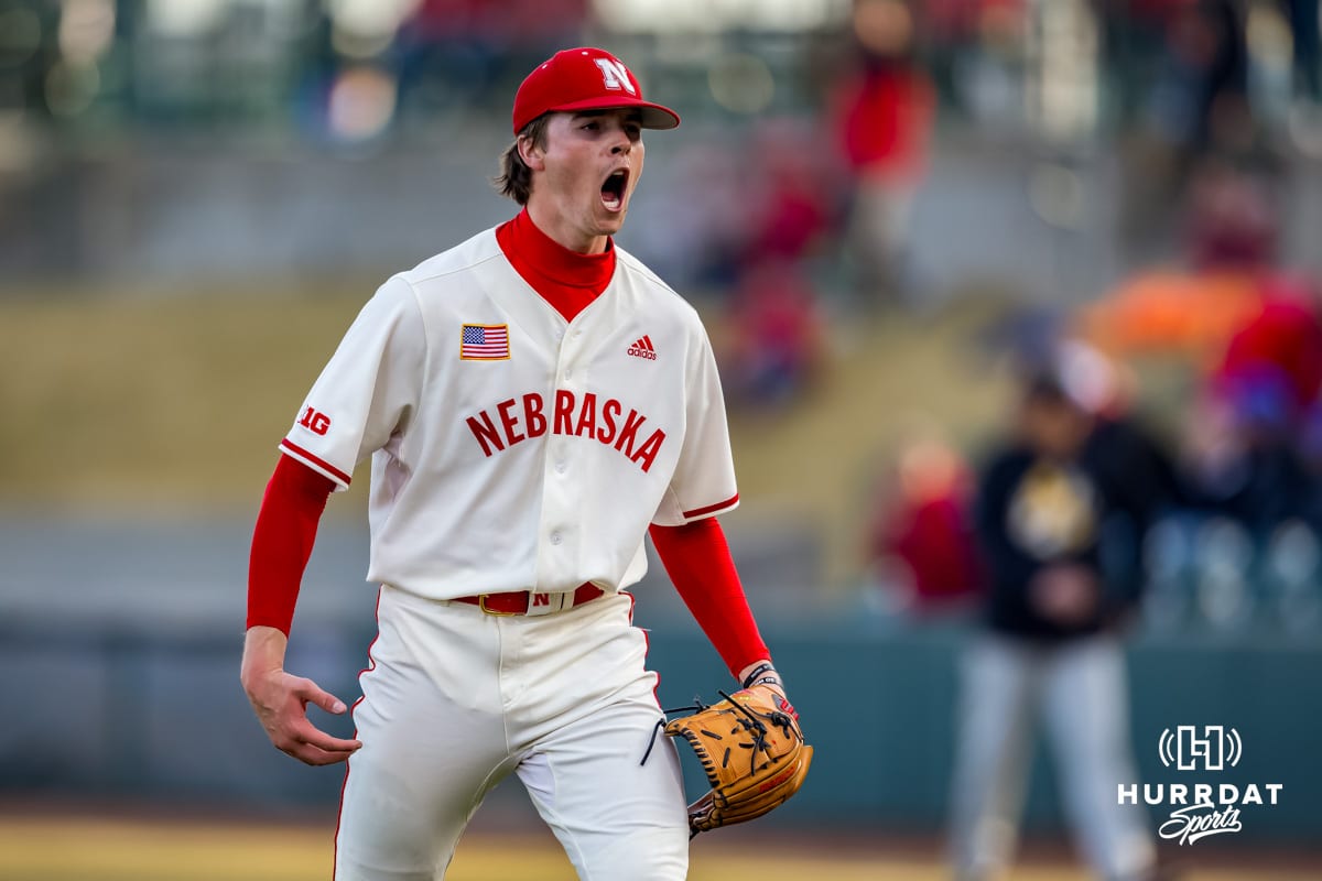 Nebraska Cornhusker pitcher Carson Jasa (39) celebrates the third out as he heads to the dugout against the Wichita St. Shockers during a college baseball game Tuesday, March 11, 2025 in Lincoln, Nebraska. Photo by John S. Peterson.