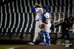Creighton Bluejay Garrett Langrell (45) and Nate McHugh celebrates the win over the South Dakota State Jackrabbits during a college baseball game Tuesday, March 18, 2025 in Omaha, Nebraska. Photo by John S. Peterson.