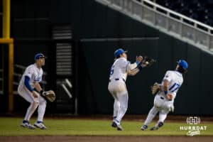 Creighton Bluejay infielder Kyle Hess (15) makes a catch for the final out against the South Dakota State Jackrabbits in the ninth inning during a college baseball game Tuesday, March 18, 2025 in Omaha, Nebraska. Photo by John S. Peterson.