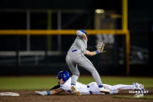 Creighton Bluejay outfielder Nolan Sailors (1) steals second against the South Dakota State Jackrabbits Nicholas Werk in the eighth inning during a college baseball game Tuesday, March 18, 2025 in Omaha, Nebraska. Photo by John S. Peterson.